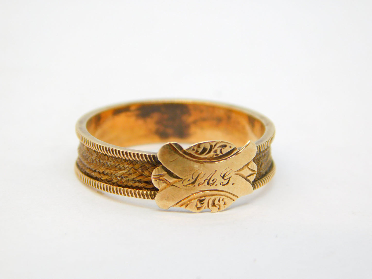 Victorian 9ct Yellow Gold Hair Set Mourning Ring Antique c1840