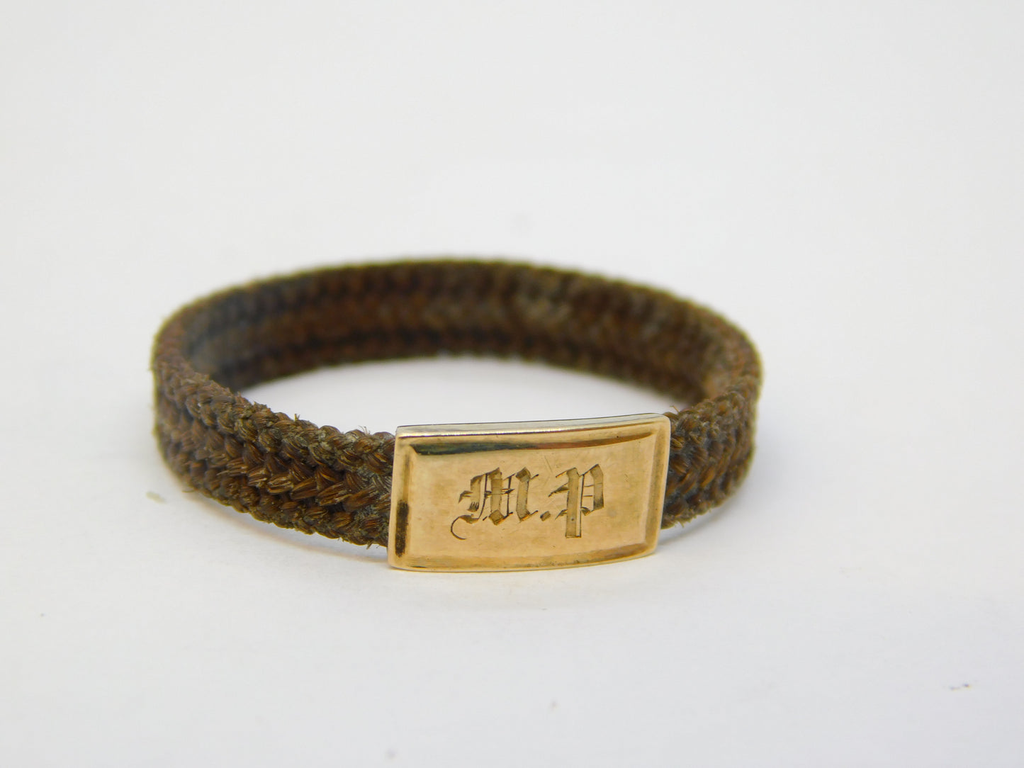 Victorian 9ct Yellow Gold Woven Hair Set Mourning Ring Antique c1840