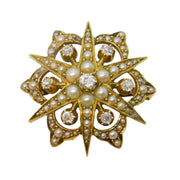Edwardian 15ct Gold, Seed Pearl & Diamond Starburst Pendant Brooch Antique