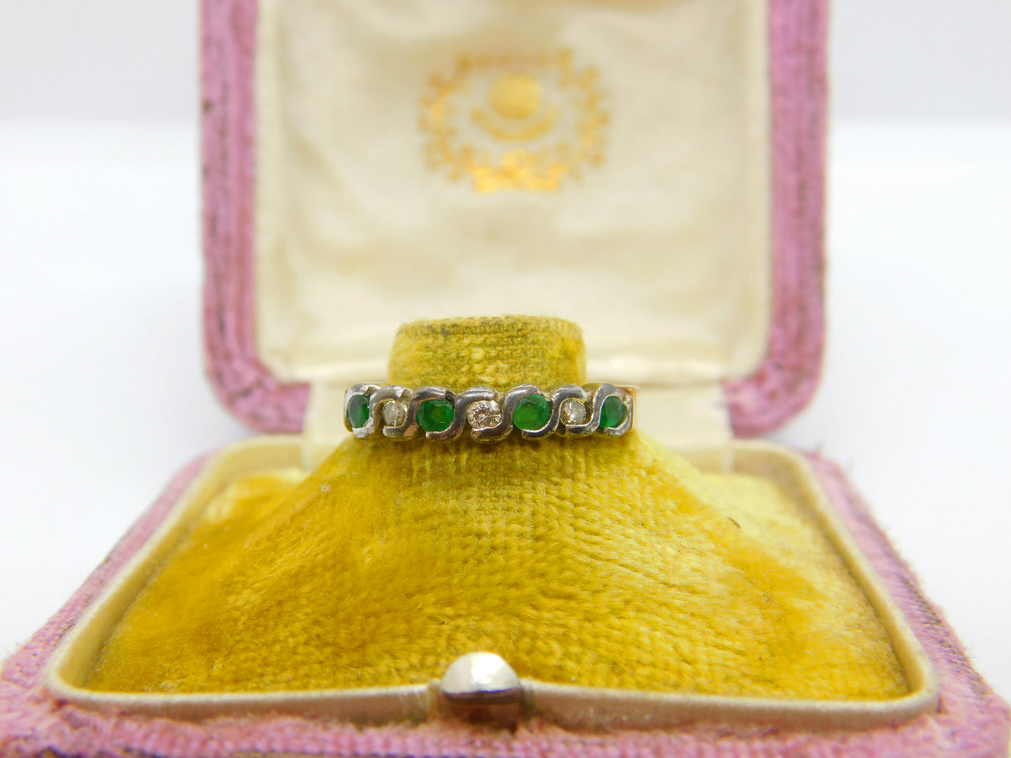 9ct Yellow Gold, Emerald & 0.14ct Diamond Half Eternity Ring Sheffield c1980