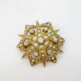 Edwardian 15ct Gold, Seed Pearl & Diamond Starburst Pendant Brooch Antique