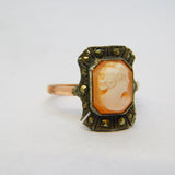 9ct Rose Gold Silver Set Lady in Profile Cameo Dress Ring Antique c1930 Deco