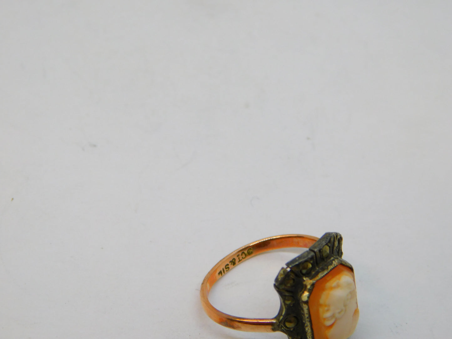 9ct Rose Gold Silver Set Lady in Profile Cameo Dress Ring Antique c1930 Deco