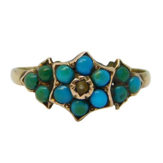 Victorian 9ct Gold, Turquoise, Seed Pearl Floral Ring Antique 1871 Birmingham