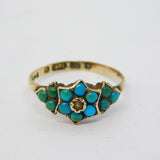 Victorian 9ct Gold, Turquoise, Seed Pearl Floral Ring Antique 1871 Birmingham