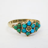 Victorian 9ct Gold, Turquoise, Seed Pearl Floral Ring Antique 1871 Birmingham