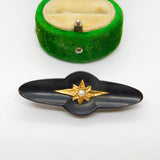 Victorian Whitby Jet, 9ct Gold & Seed Pearl Mourning Brooch Antique c1880