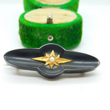Victorian Whitby Jet, 9ct Gold & Seed Pearl Mourning Brooch Antique c1880