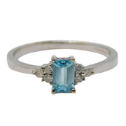 9ct White Gold, Aquamarine & Diamond Engagement Ring Vintage c1990
