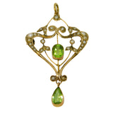 Edwardian 9ct Gold, Peridot, Seed Pearl Suffragette Lavalier Pendant Antique c1910