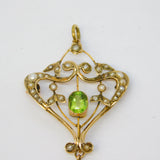 Edwardian 9ct Gold, Peridot, Seed Pearl Suffragette Lavalier Pendant Antique c1910