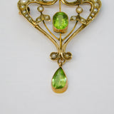 Edwardian 9ct Gold, Peridot, Seed Pearl Suffragette Lavalier Pendant Antique c1910