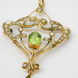 Edwardian 9ct Gold, Peridot, Seed Pearl Suffragette Lavalier Pendant Antique c1910