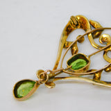Edwardian 9ct Gold, Peridot, Seed Pearl Suffragette Lavalier Pendant Antique c1910