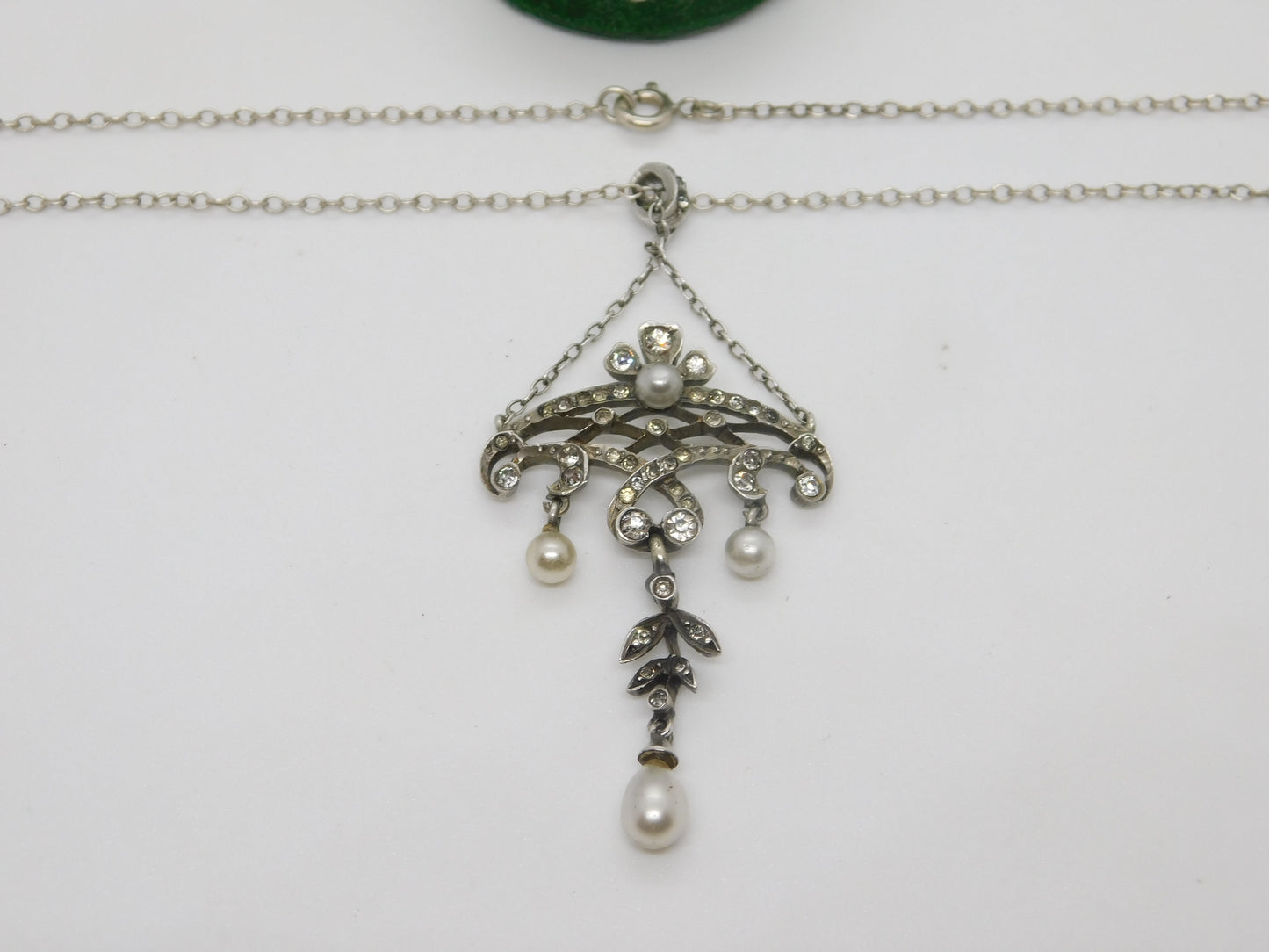 Belle Époque Sterling Silver, Paste & Pearl Set Lavalier Drop Necklace c1890