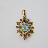 Edwardian 9ct Gold, Aquamarine, Seed Pearl, Ruby Drop Pendant Antique c1910