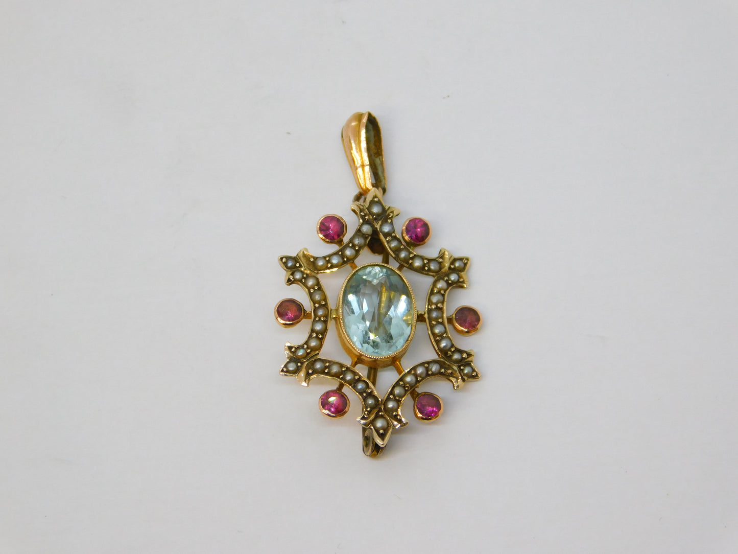 Edwardian 9ct Gold, Aquamarine, Seed Pearl, Ruby Drop Pendant Antique c1910