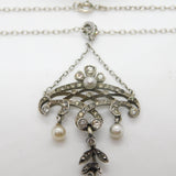 Belle Époque Sterling Silver, Paste & Pearl Set Lavalier Drop Necklace c1890