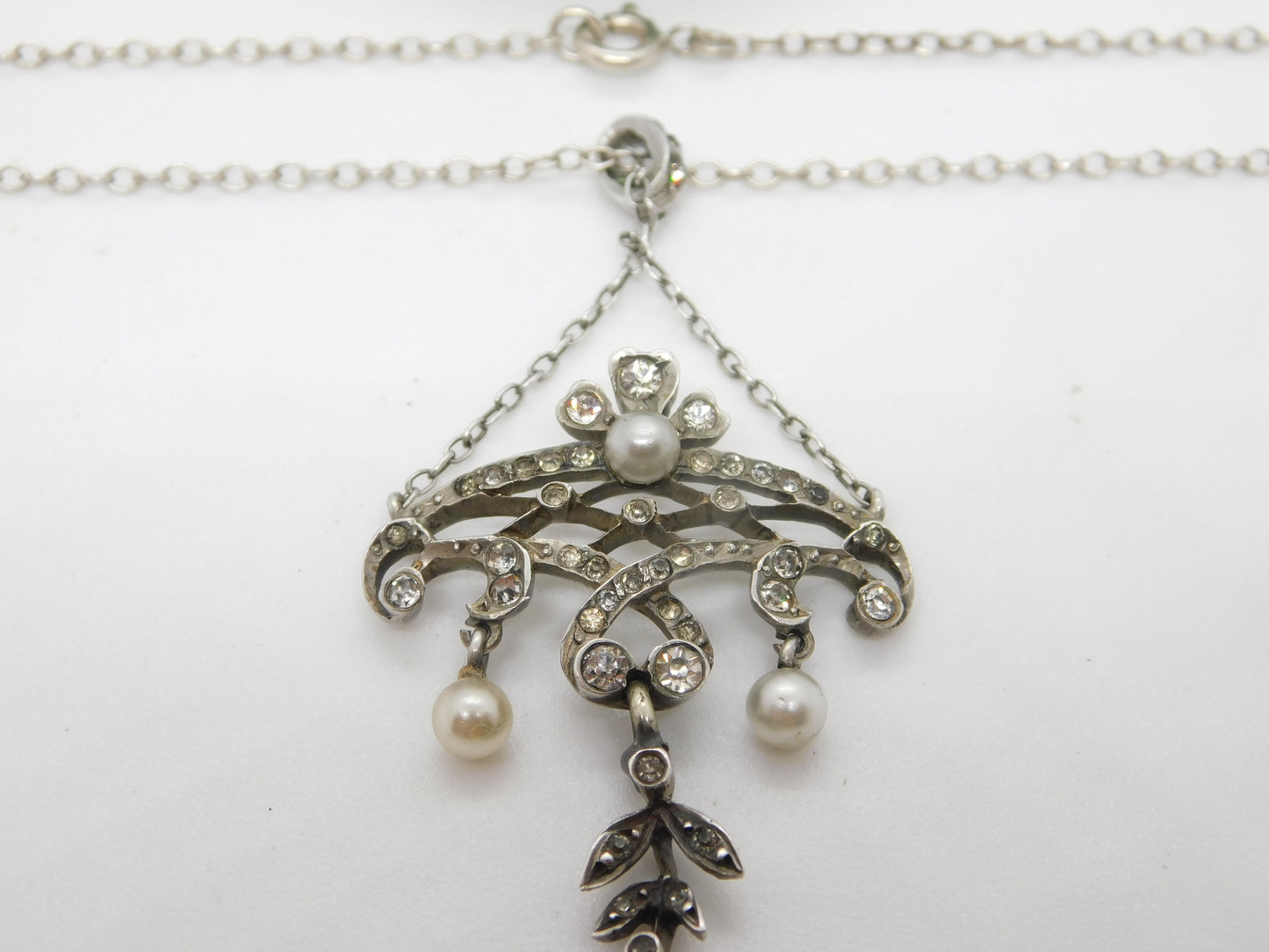 Belle Époque Sterling Silver, Paste & Pearl Set Lavalier Drop Necklace c1890