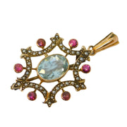 Edwardian 9ct Gold, Aquamarine, Seed Pearl, Ruby Drop Pendant Antique c1910