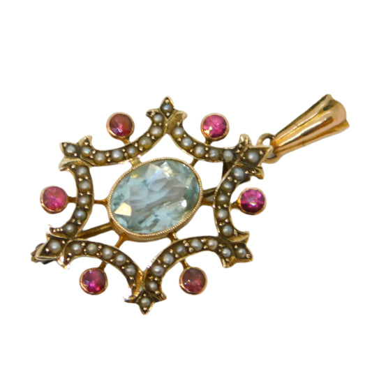 Edwardian 9ct Gold, Aquamarine, Seed Pearl, Ruby Drop Pendant Antique c1910