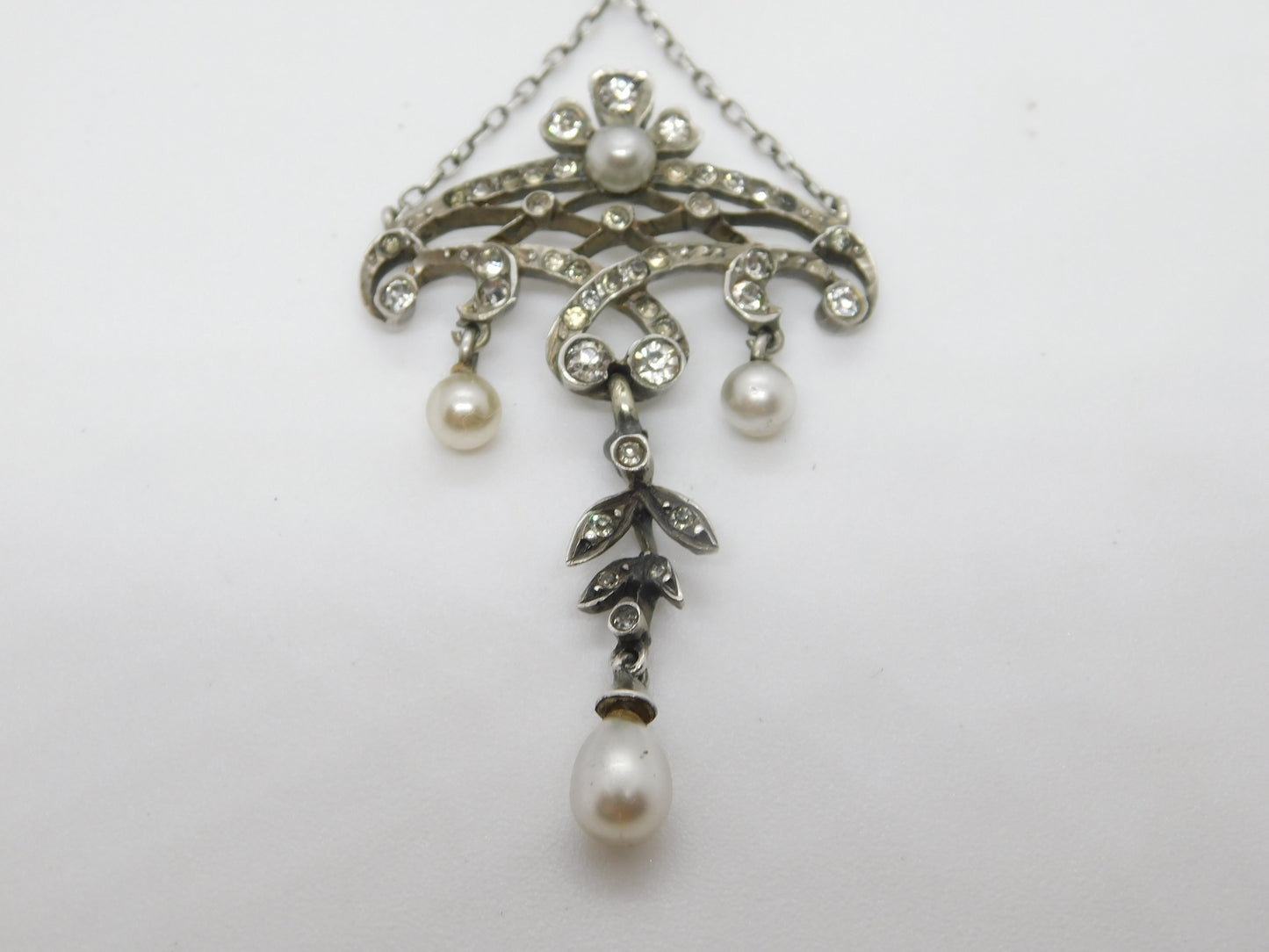 Belle Époque Sterling Silver, Paste & Pearl Set Lavalier Drop Necklace c1890