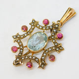 Edwardian 9ct Gold, Aquamarine, Seed Pearl, Ruby Drop Pendant Antique c1910