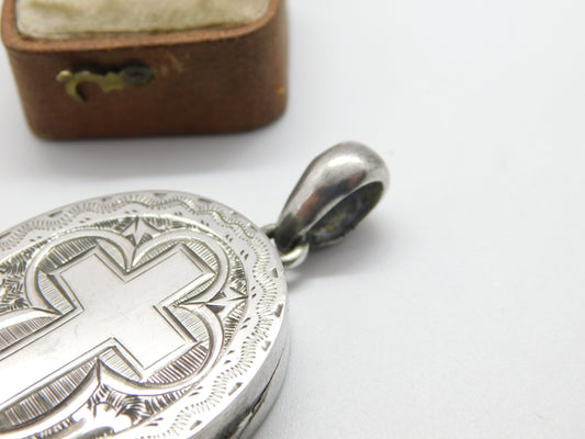 Victorian Large Sterling Silver Cross Pattern Mourning Locket c1860 Antique