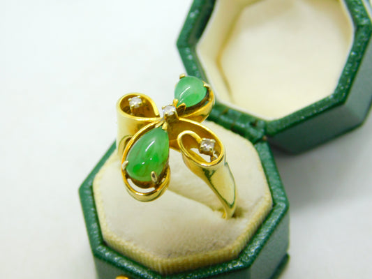 14ct Yellow Gold, Cabochon Jade & Diamond Floral Dress Ring Vintage c1970