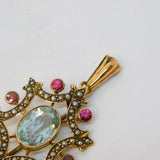Edwardian 9ct Gold, Aquamarine, Seed Pearl, Ruby Drop Pendant Antique c1910