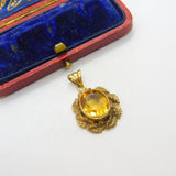 9ct Yellow Gold Wreath Pattern Citrine Drop Pendant Vintage 1972 Birmingham