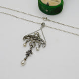 Belle Époque Sterling Silver, Paste & Pearl Set Lavalier Drop Necklace c1890