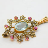 Edwardian 9ct Gold, Aquamarine, Seed Pearl, Ruby Drop Pendant Antique c1910
