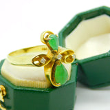 14ct Yellow Gold, Cabochon Jade & Diamond Floral Dress Ring Vintage c1970