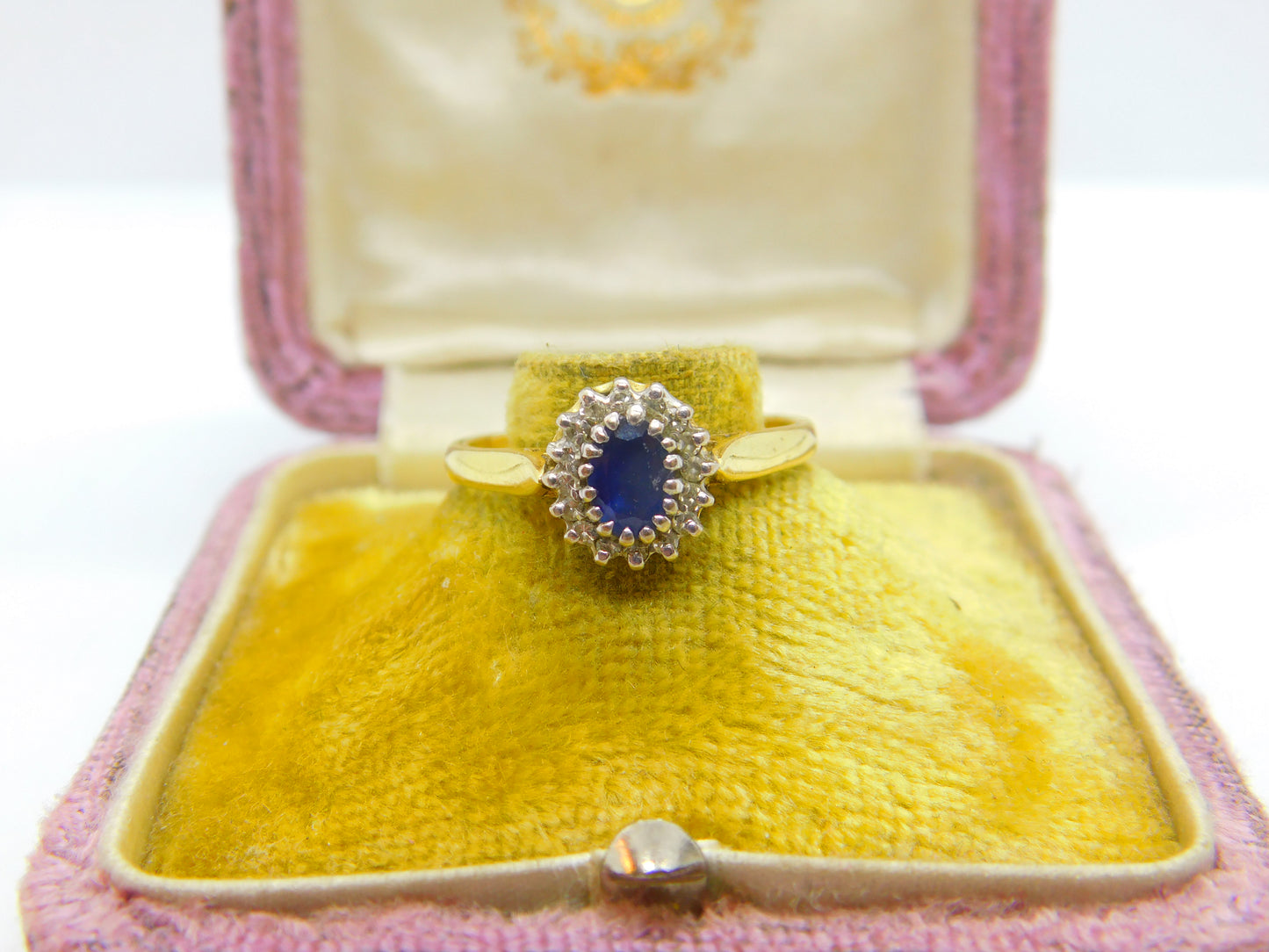 18ct Yellow Gold, Blue Sapphire & Diamond Floral Cluster Ring Vintage Birmingham