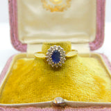 18ct Yellow Gold, Blue Sapphire & Diamond Floral Cluster Ring Vintage Birmingham