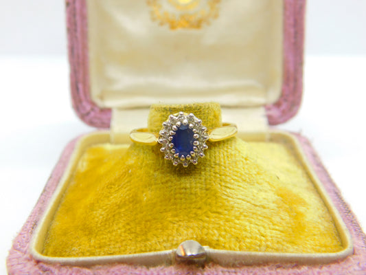 18ct Yellow Gold, Blue Sapphire & Diamond Floral Cluster Ring Vintage Birmingham