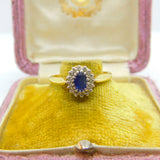 18ct Yellow Gold, Blue Sapphire & Diamond Floral Cluster Ring Vintage Birmingham