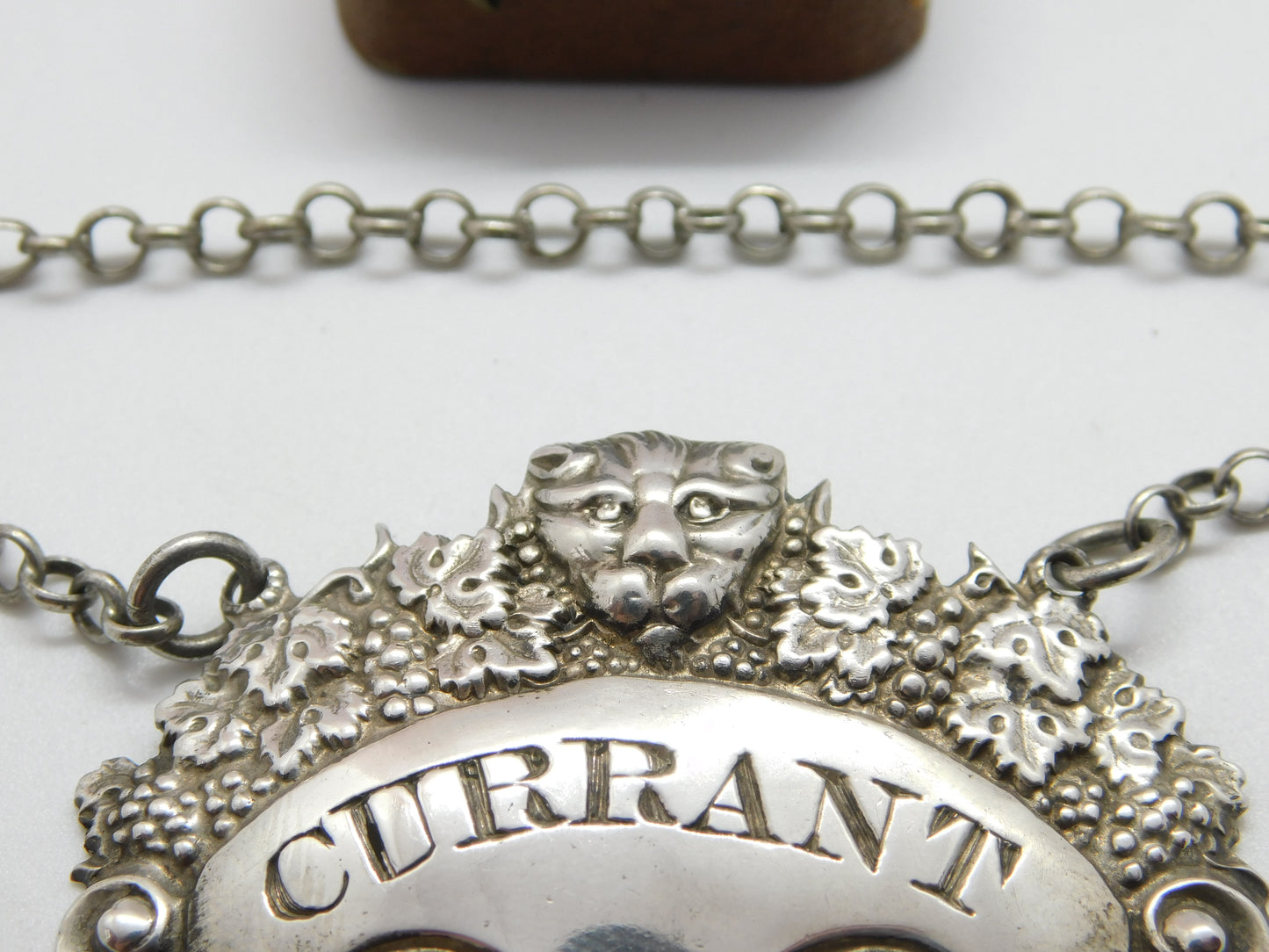 Georgian Sterling Silver Lion Pattern 'Currant' Decanter Label 1821 Antique