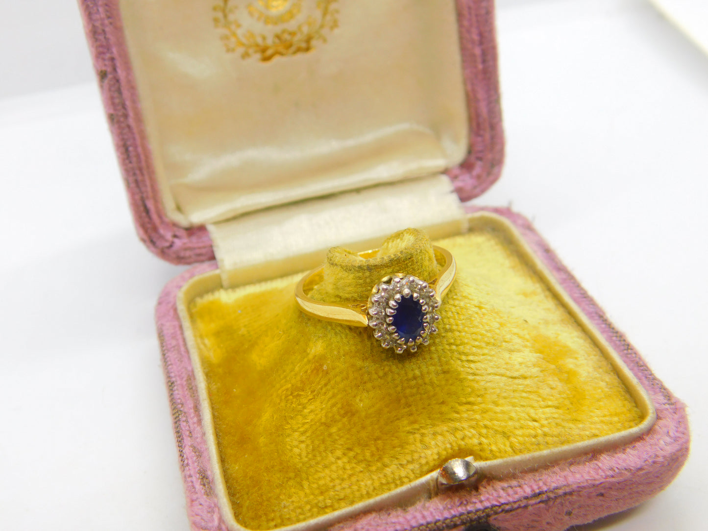 18ct Yellow Gold, Blue Sapphire & Diamond Floral Cluster Ring Vintage Birmingham