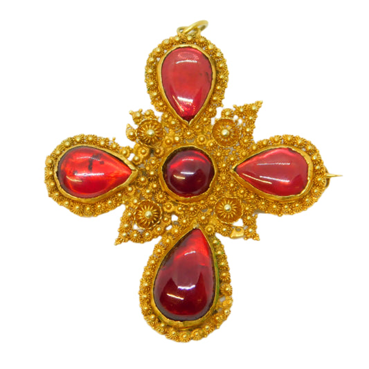 18th Century Iberian 18ct Gold Foil-Back Garnet Cannetille Cross Pendant Antique c1790