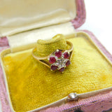 Ruby and Diamond Flower 9ct Yellow Gold Ring Vintage 1979 Birmingham