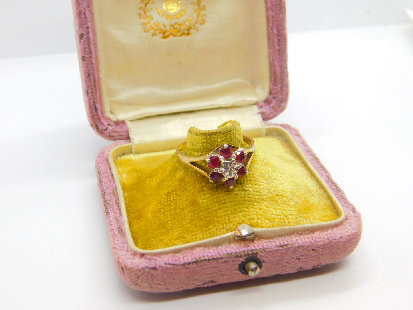 Ruby and Diamond Flower 9ct Yellow Gold Ring Vintage 1979 Birmingham