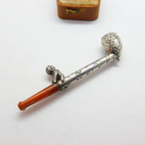 Victorian Sterling Silver Block Amber Smoking Pipe with Monkey Antique c1860