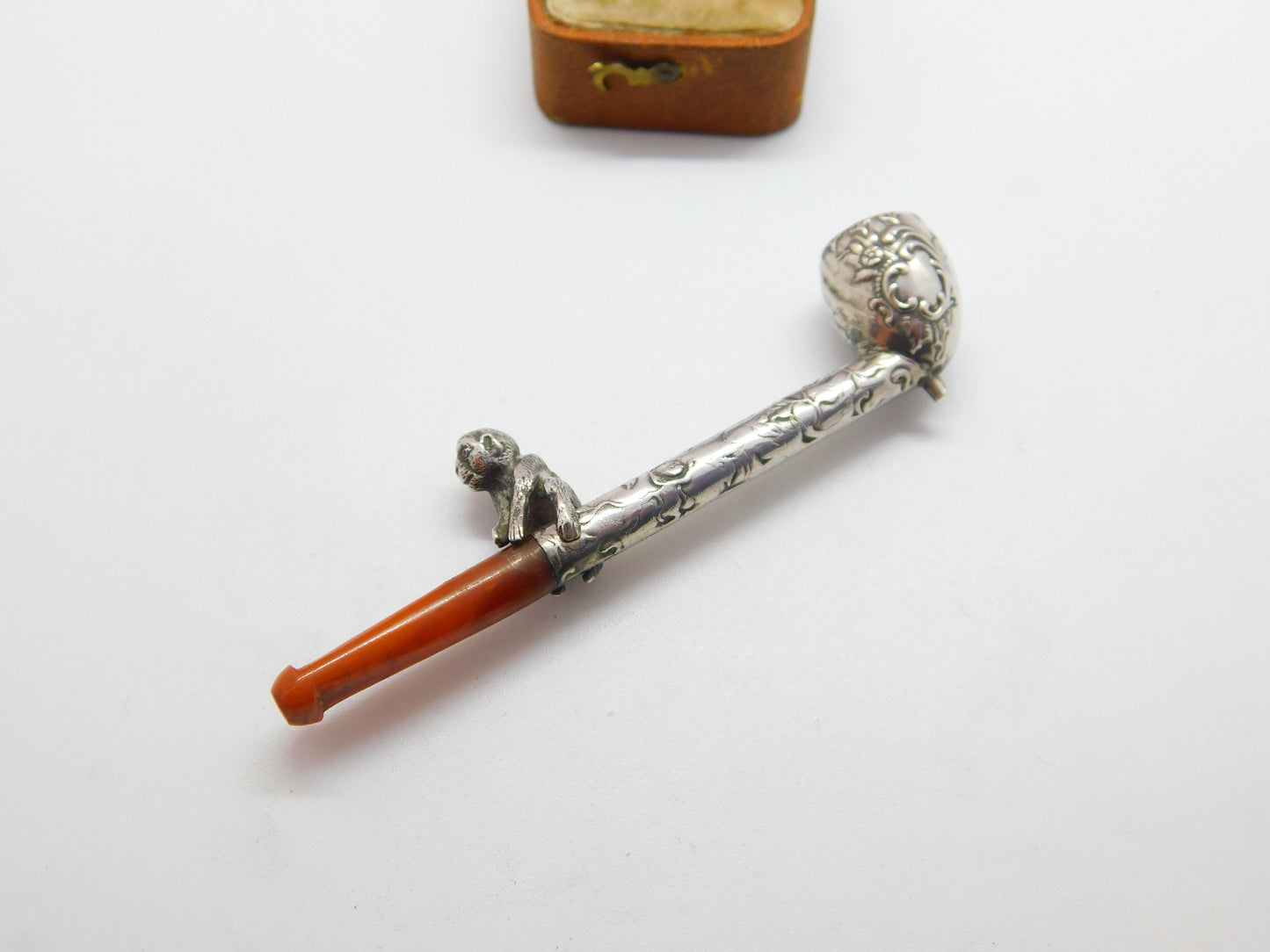 Victorian Sterling Silver Block Amber Smoking Pipe with Monkey Antique c1860