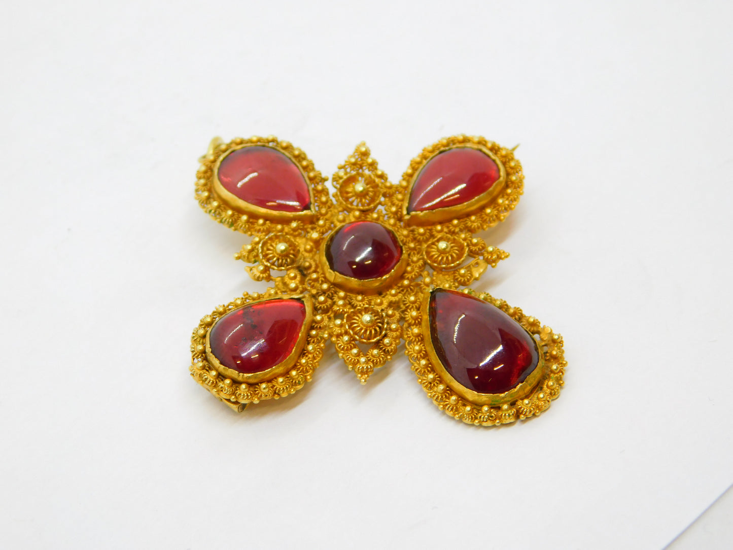18th Century Iberian 18ct Gold Foil-Back Garnet Cannetille Cross Pendant Antique c1790