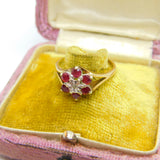 Ruby and Diamond Flower 9ct Yellow Gold Ring Vintage 1979 Birmingham