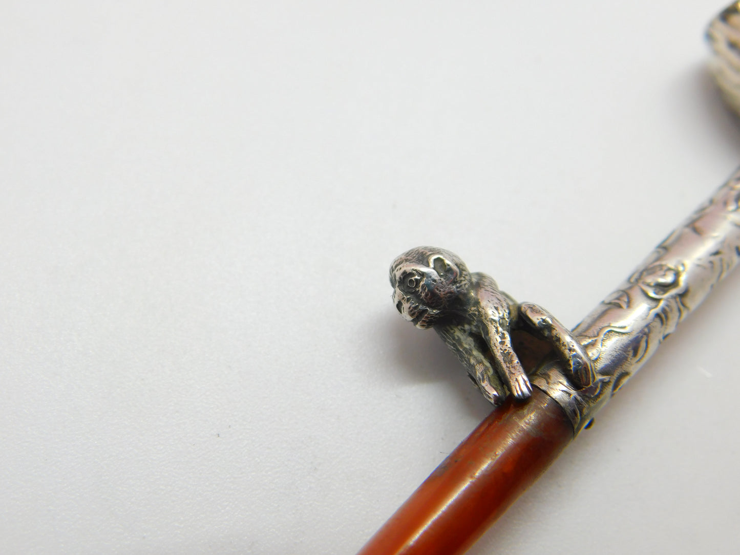 Victorian Sterling Silver Block Amber Smoking Pipe with Monkey Antique c1860