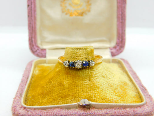 Victorian 22ct Yellow Gold, Diamond & Sapphire Engagement Ring Antique 1888