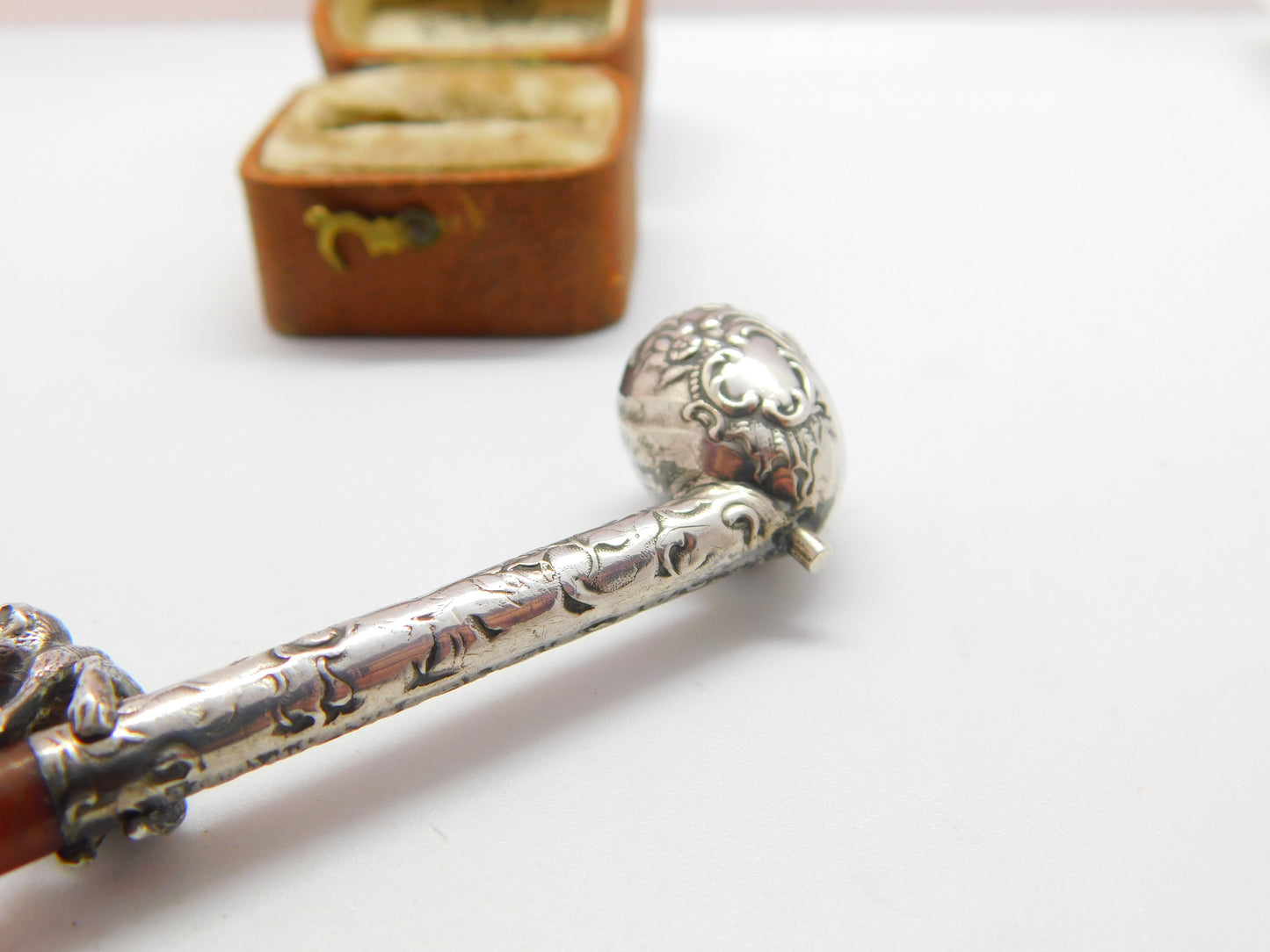 Victorian Sterling Silver Block Amber Smoking Pipe with Monkey Antique c1860